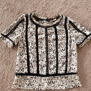 Anthropologie Cream and Black Floral Lace Trim Short Sleeve Blouse